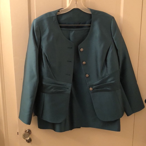 Talbots teal silk suit size 16 jacket and size 16 petite skirt - Picture 3 of 10